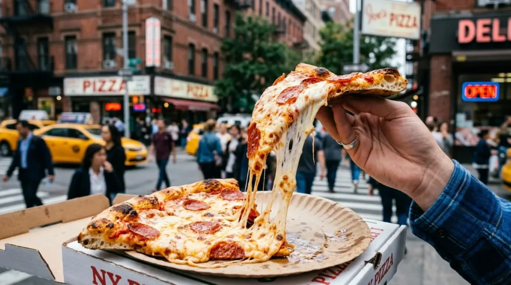 Classic New York pizza slice from one of the best places to eat in NYC