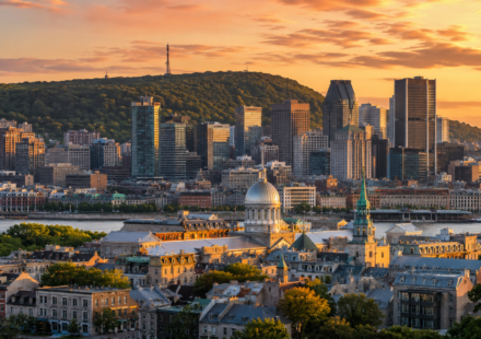 Montreal skyline at sunset showing fun things to do in Montreal including Old Montreal and Mount Royal