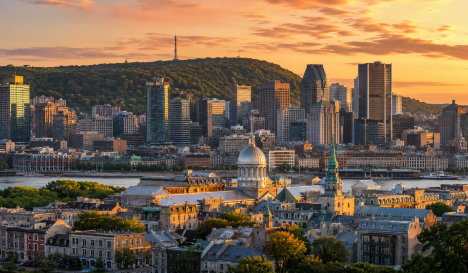 Montreal skyline at sunset showing fun things to do in Montreal including Old Montreal and Mount Royal