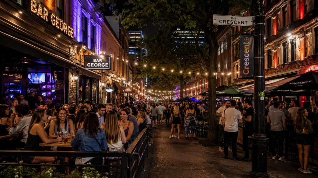Young adults enjoying nightlife on Crescent Street, one of the fun things to do in Montreal after dark