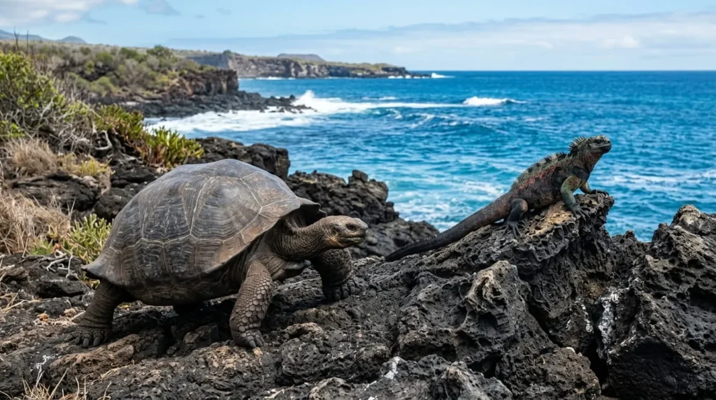 Giant tortoise and marine iguana in the Galapagos Islands, Ecuador