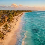 Aerial view of Tulum beach showing white sand and turquoise Caribbean water at sunset
