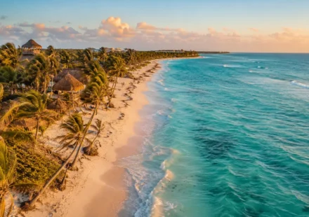 Aerial view of Tulum beach showing white sand and turquoise Caribbean water at sunset