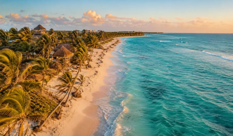 Aerial view of Tulum beach showing white sand and turquoise Caribbean water at sunset
