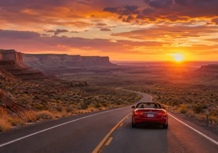 Car driving on a road trip in the USA through a desert canyon at sunset