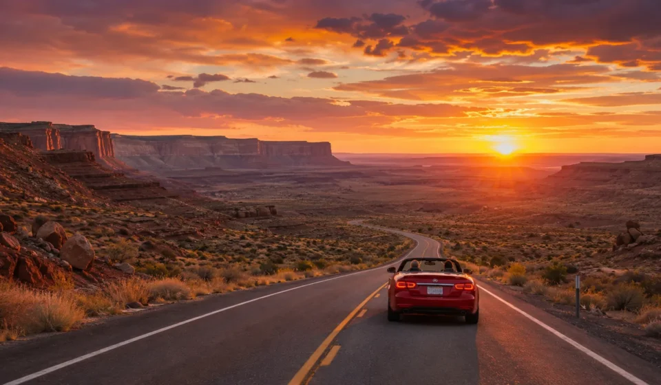 Car driving on a road trip in the USA through a desert canyon at sunset