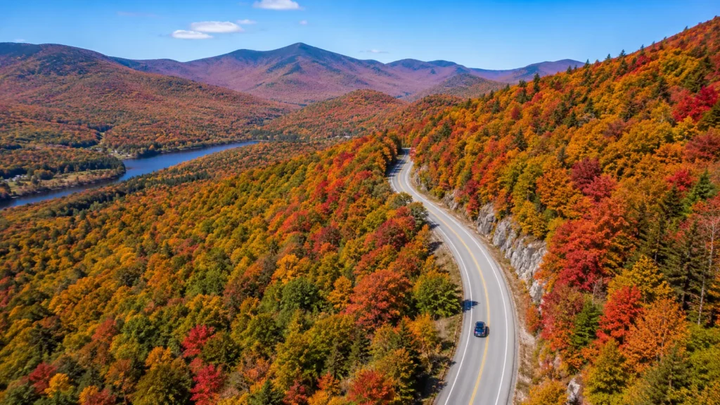 Winding autumn road during road trips in the USA through New England forest
