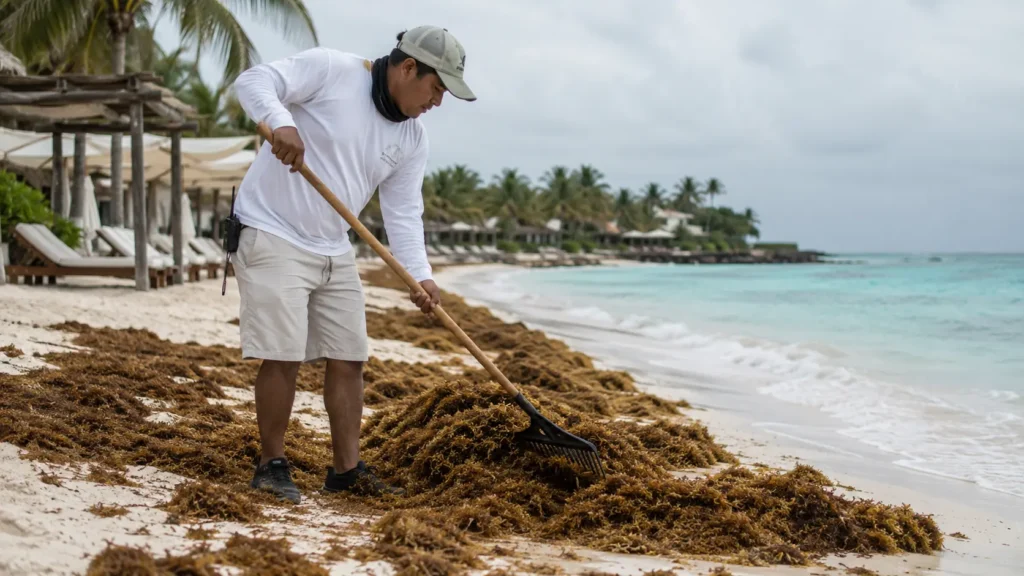 Beach worker raking sargassum seaweed from the sand on Tulum beach
