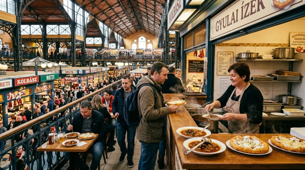 food stalls at the Great Market Hall, a favorite for things to do in Budapest