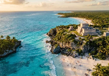 Turquoise coastline showing the best time to visit Tulum with clear skies and Maya ruins