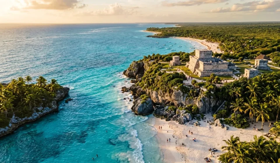 Turquoise coastline showing the best time to visit Tulum with clear skies and Maya ruins