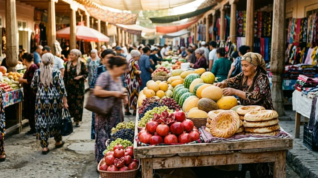 Fresh melons and pomegranates piled at a bazaar during Uzbekistan's autumn harvest, a top pick for the best time to visit Uzbekistan
