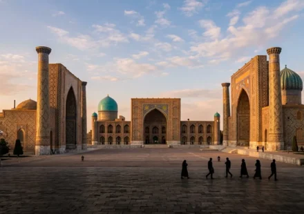 Golden hour light on the Registan Square madrasas in Samarkand, illustrating the best time to visit Uzbekistan