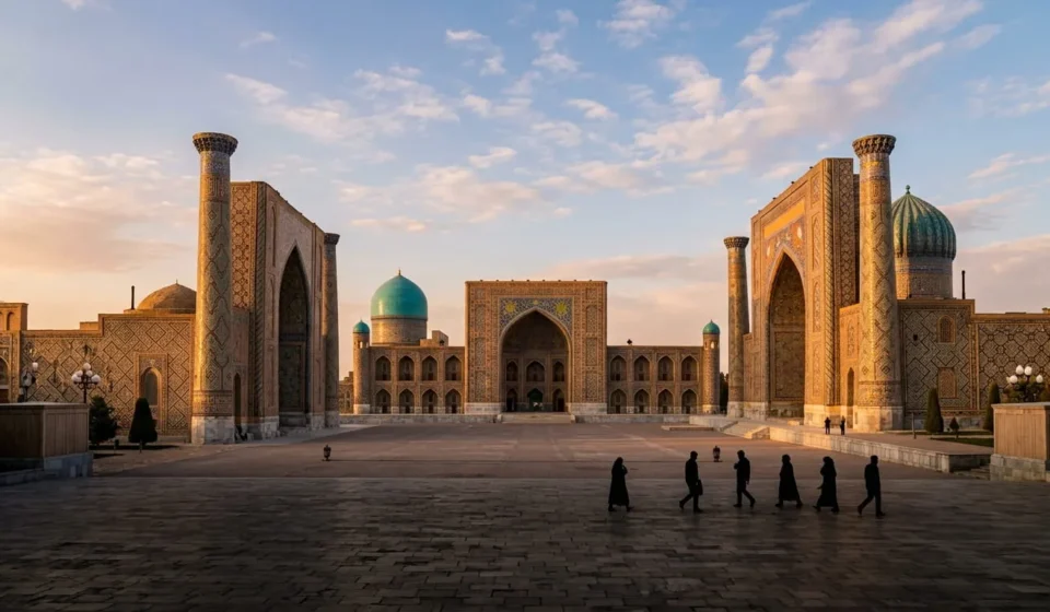 Golden hour light on the Registan Square madrasas in Samarkand, illustrating the best time to visit Uzbekistan