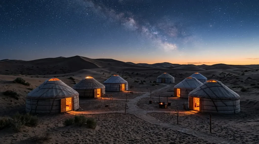 A traditional yurt camp at dusk in the Kyzylkum Desert, best visited during Uzbekistan's spring and autumn trekking season