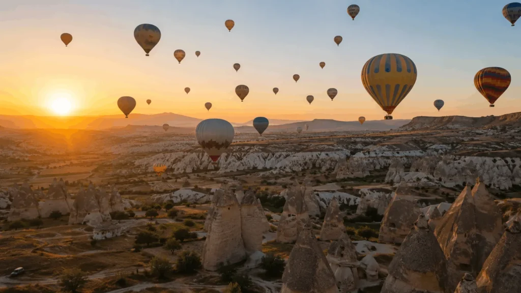 Hot air balloons over fairy chimney rock formations, one of the most scenic places to visit in Cappadocia