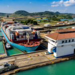 Cargo ship passing through Panama Canal locks
