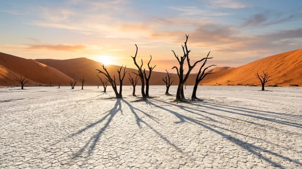 Dead trees and red dunes at Deadvlei, one of the most scenic places to visit in the Namib Desert