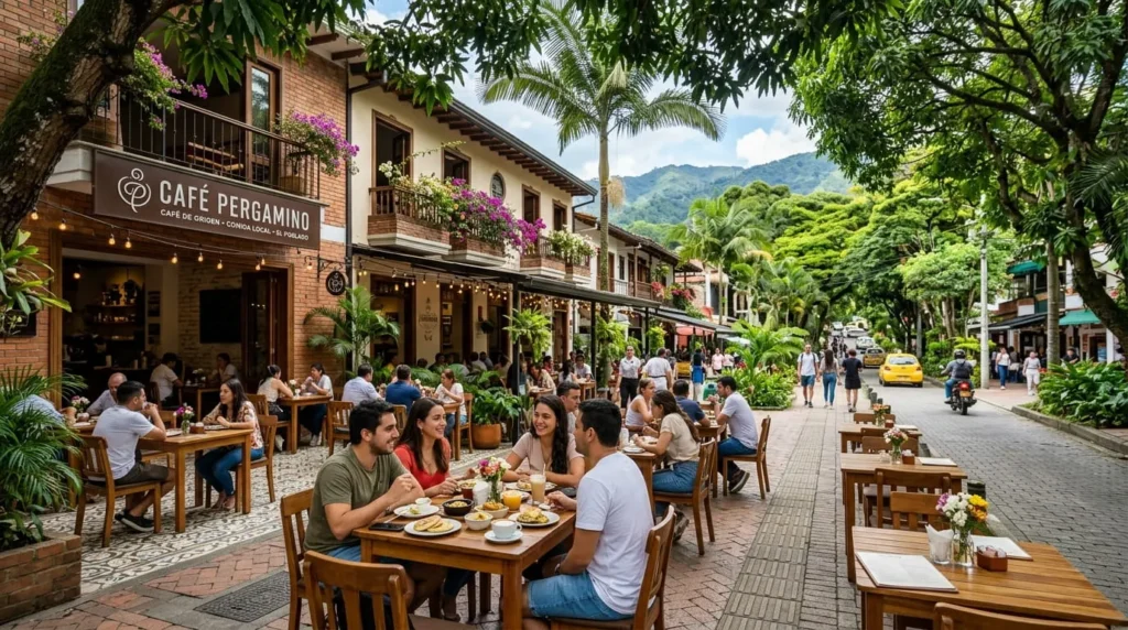 Outdoor cafe terrace in El Poblado showcasing popular lifestyle things to do in Medellin