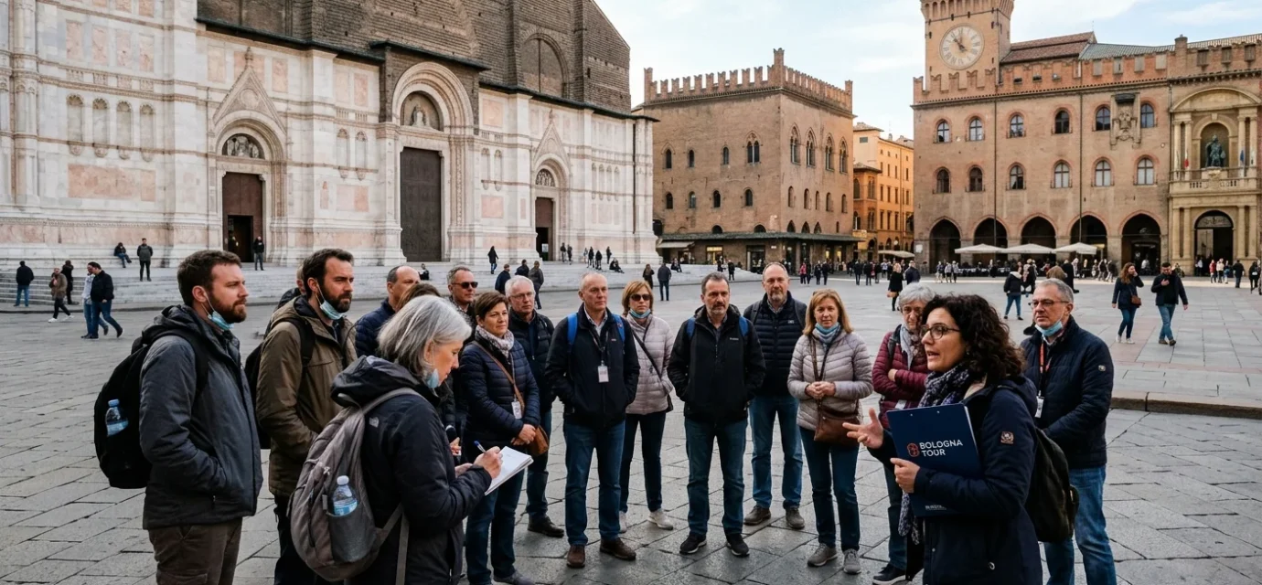 Tourists gathered for a free walking tour in Bologna at Piazza Maggiore
