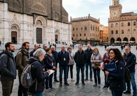 Tourists gathered for a free walking tour in Bologna at Piazza Maggiore