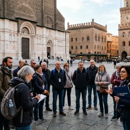 Tourists gathered for a free walking tour in Bologna at Piazza Maggiore