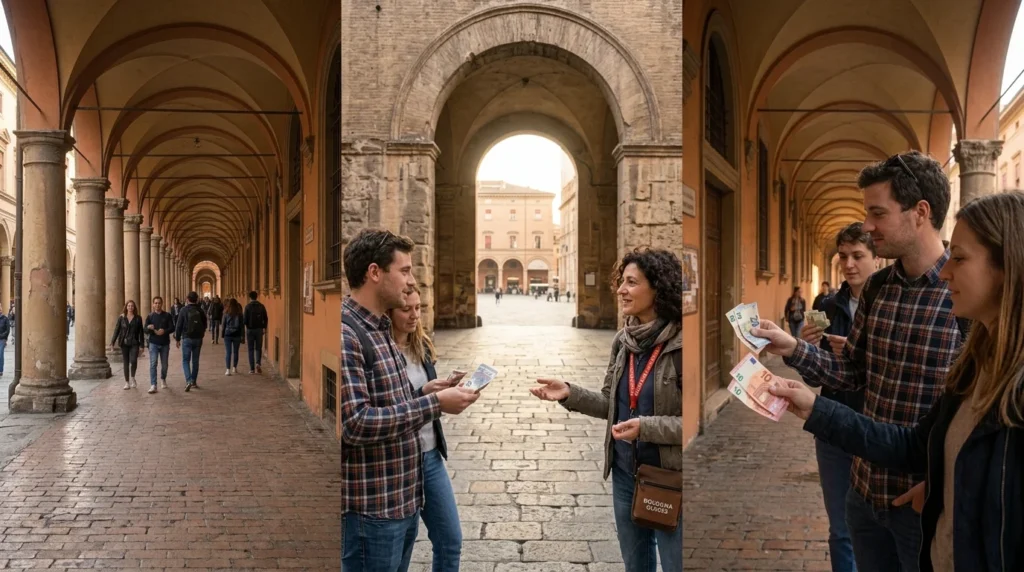 Tipping the guide at the end of a free walking tour in Bologna