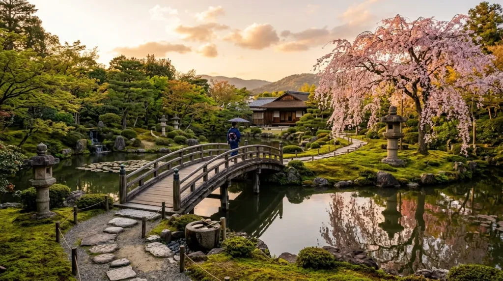 Kyoto gardens stroll garden featuring a wooden bridge over a reflecting pond