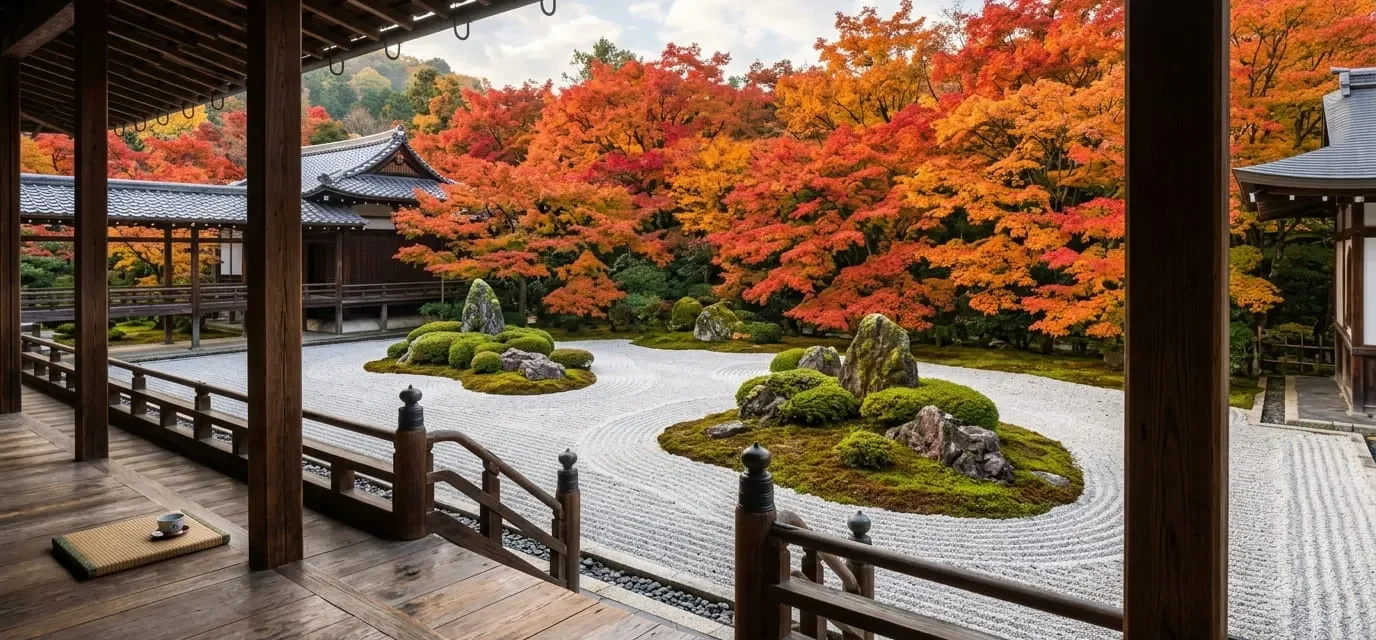 Traditional Kyoto gardens rock garden with raked white gravel and moss islands