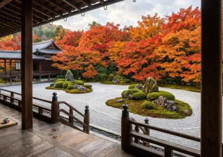 Traditional Kyoto gardens rock garden with raked white gravel and moss islands