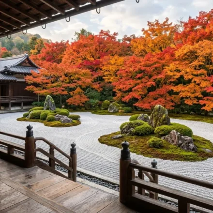 Traditional Kyoto gardens rock garden with raked white gravel and moss islands