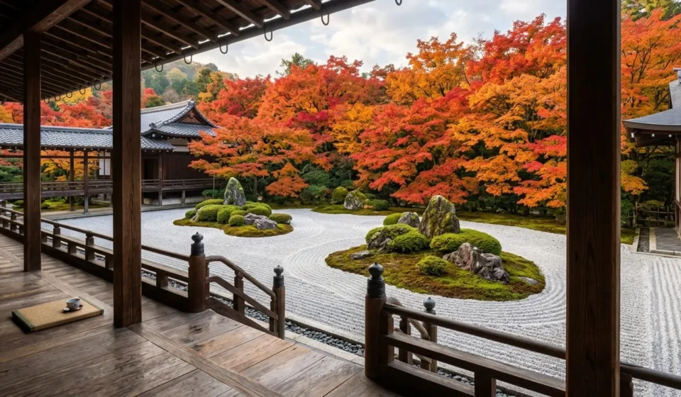 Traditional Kyoto gardens rock garden with raked white gravel and moss islands