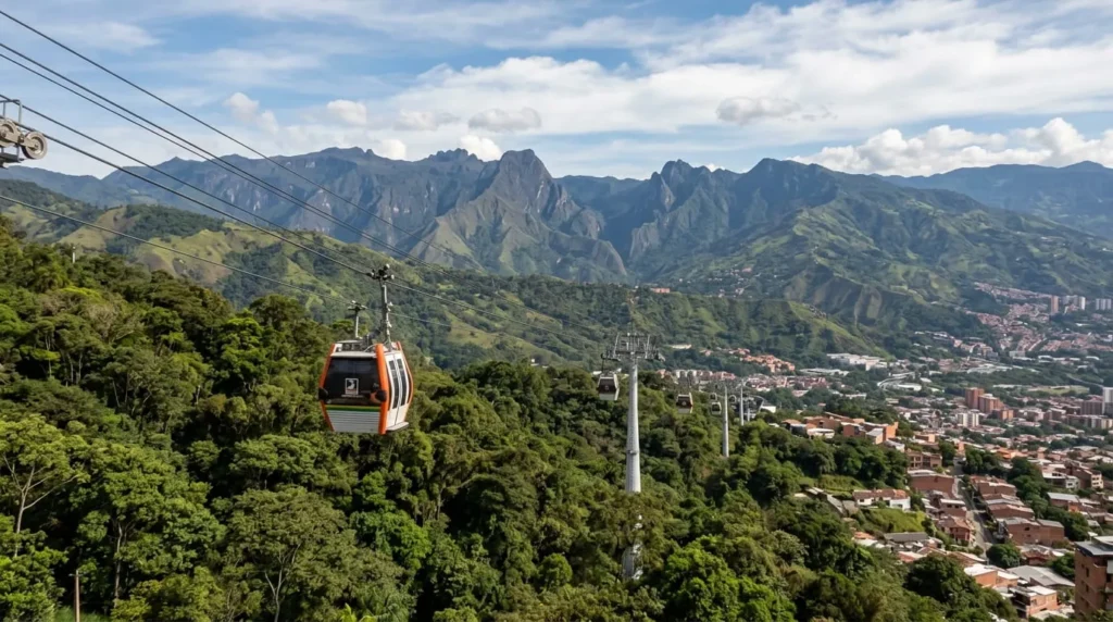 Cable car soaring over green hills illustrating top things to do in Medellin