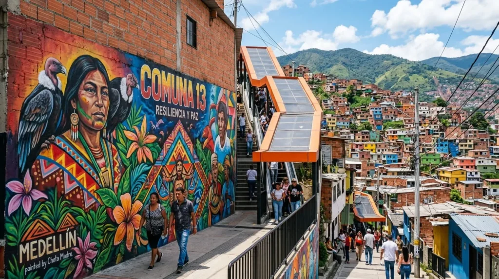 Colorful mural in Comuna 13 depicting cultural things to do in Medellin