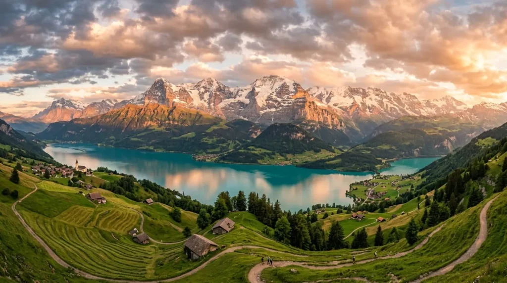 Panoramic mountain and lake view representing the most scenic places to visit around the world