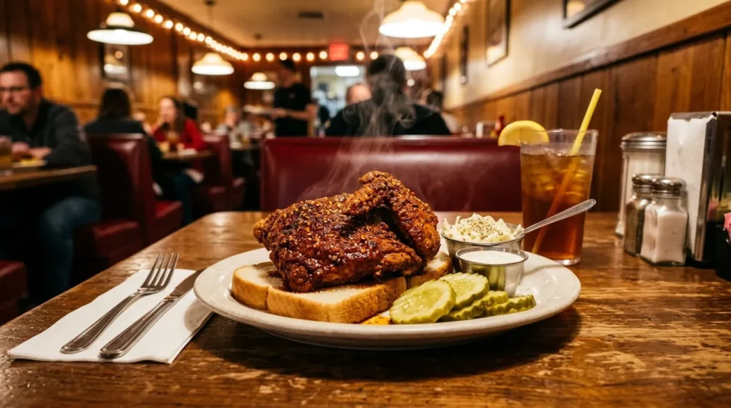 A plate of spicy Nashville hot chicken, a must try food experience in Nashville