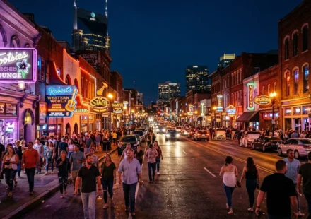 Neon lit honky tonk bars on Broadway, one of the top things to do in Nashville at night