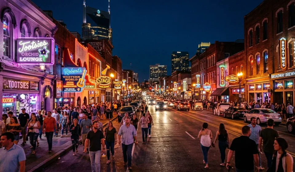 Neon lit honky tonk bars on Broadway, one of the top things to do in Nashville at night