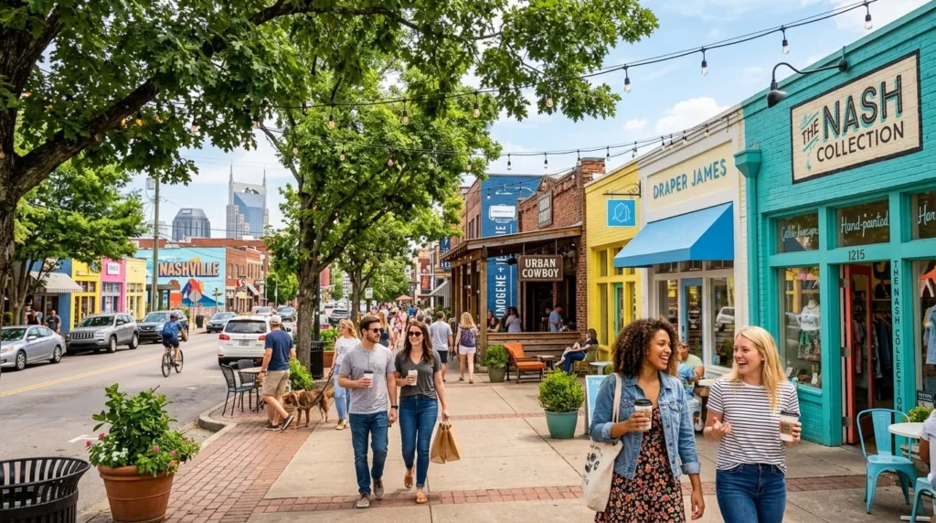 A tree lined street of boutiques and cafes, a popular thing to do in Nashville outside downtown