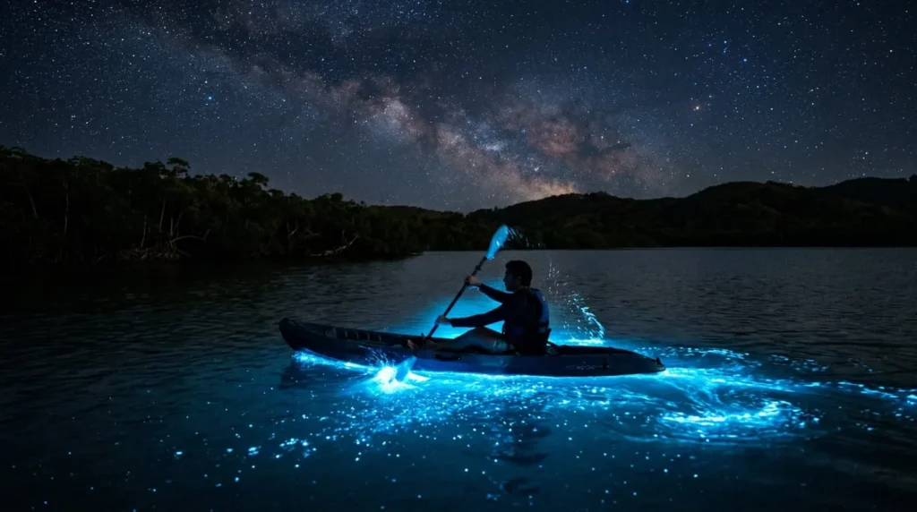 A kayaker paddling through the glowing waters of Mosquito Bay, a top thing to do in Vieques at night