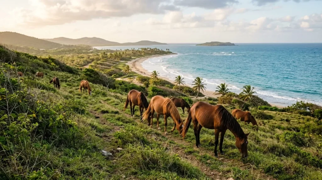 Wild horses grazing near the beach, a common sight and one of the best free things to do in Vieques