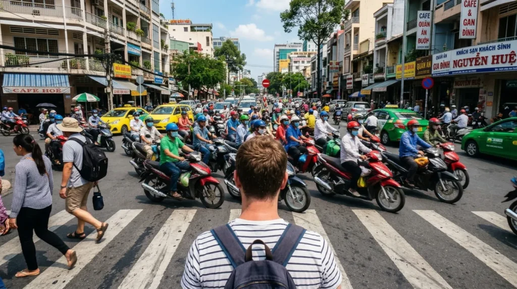 edestrian crossing a motorbike-filled street, a key safety topic in vietnam travel tips