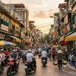 Motorbikes and street vendors in Hanoi Old Quarter, a common scene in vietnam travel tips guides