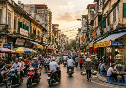 Motorbikes and street vendors in Hanoi Old Quarter, a common scene in vietnam travel tips guides