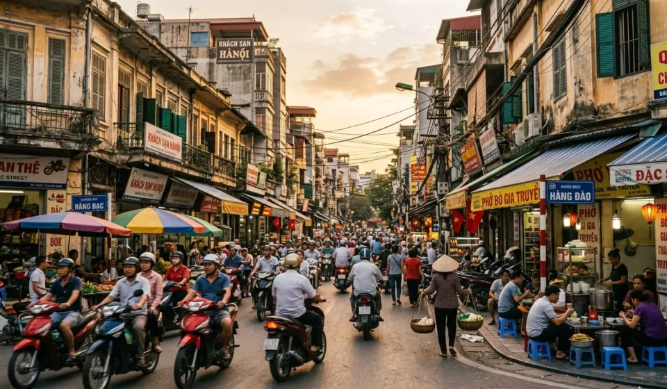 Motorbikes and street vendors in Hanoi Old Quarter, a common scene in vietnam travel tips guides