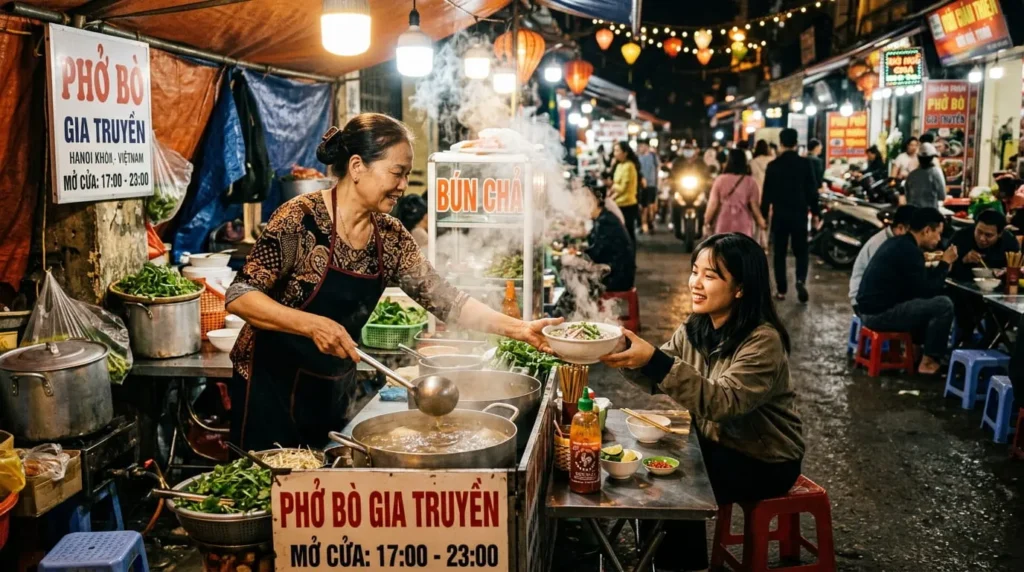 Street vendor serving pho, a highlight covered in vietnam travel tips