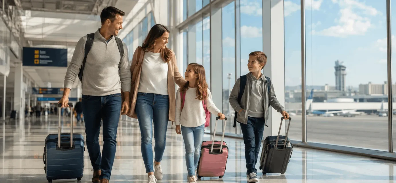 Family with two kids walking through an airport, illustrating how to decide where to travel with family