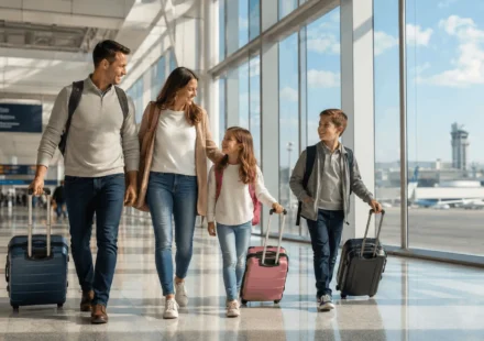Family with two kids walking through an airport, illustrating how to decide where to travel with family