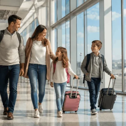 Family with two kids walking through an airport, illustrating how to decide where to travel with family