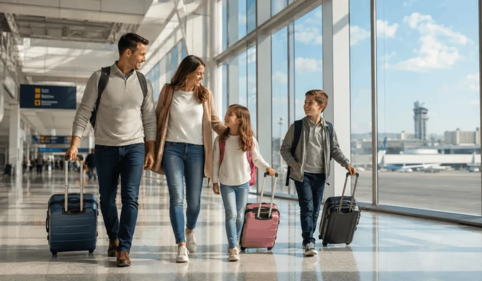 Family with two kids walking through an airport, illustrating how to decide where to travel with family
